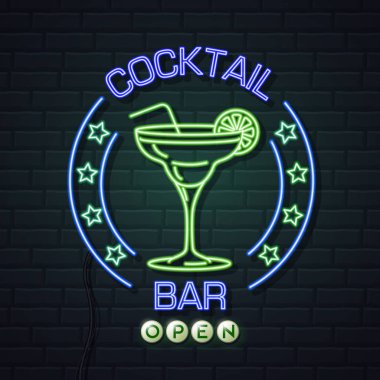Neon işareti tuğla duvar arka plan kokteyl bar. Vintage electri