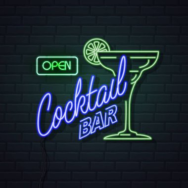 Neon işareti tuğla duvar arka plan kokteyl bar. Vintage electri