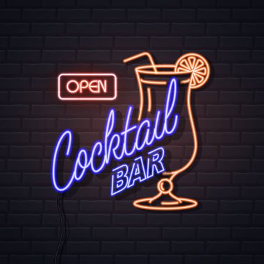 Neon işareti tuğla duvar arka plan kokteyl bar. Vintage electri