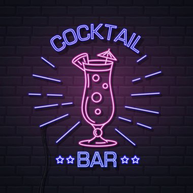 Neon işareti tuğla duvar arka plan kokteyl bar. Vintage electri