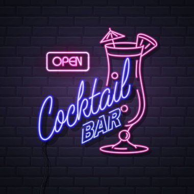 Neon işareti tuğla duvar arka plan kokteyl bar. Vintage elektrik tabela.