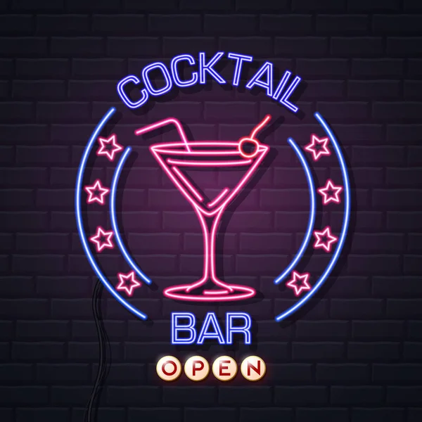 Neon sign cocktail bar on brick wall background. Vintage electri — Stock Vector