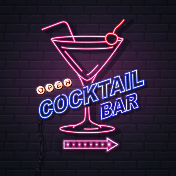 霓虹灯签署鸡尾酒酒吧在砖墙背景。复古电子 — 图库矢量图片