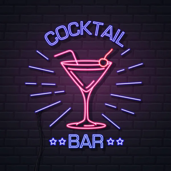 Neon logga cocktailbar på tegel vägg bakgrund. Vintage electri — Stock vektor