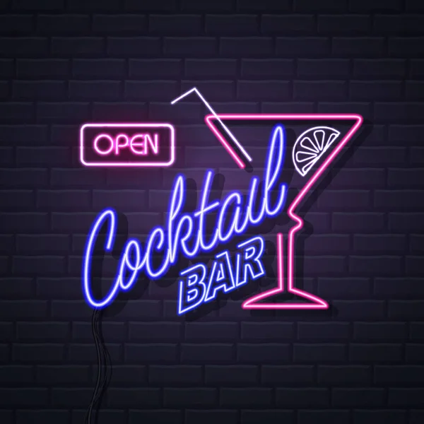 Neon podepsat koktejlový bar na cihlovou zeď na pozadí. Vintage elek — Stockový vektor