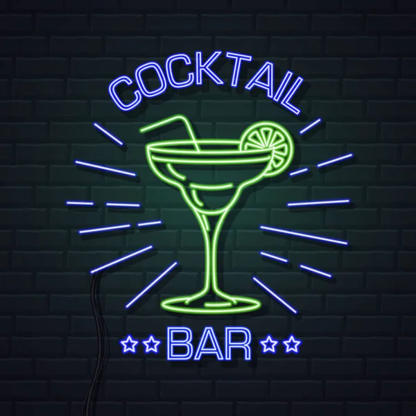 Bar à cocktails néon signe sur fond de mur de briques. Vintage electri — Image vectorielle