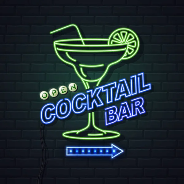 Leuchtreklame Cocktailbar auf Backsteinmauer Hintergrund. Jahrgangs-Elektro — Stockvektor