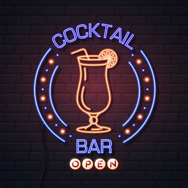 霓虹灯签署鸡尾酒酒吧在砖墙背景。复古电子 — 图库矢量图片