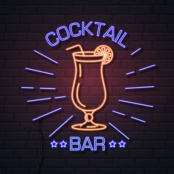 Neon sign cocktail bar on brick wall background. Vintage electri — Stock Vector