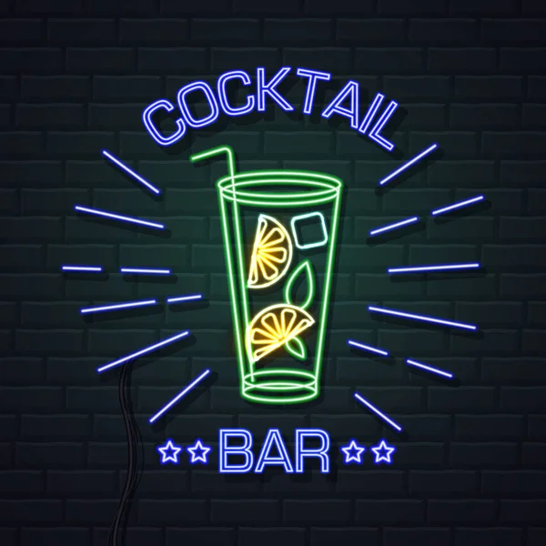 Neon Meld cocktailbar op bakstenen muur achtergrond. Vintage electri — Stockvector