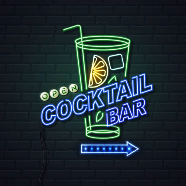 Insegna al neon cocktail bar su sfondo muro di mattoni. Elettricità vintage — Vettoriale Stock