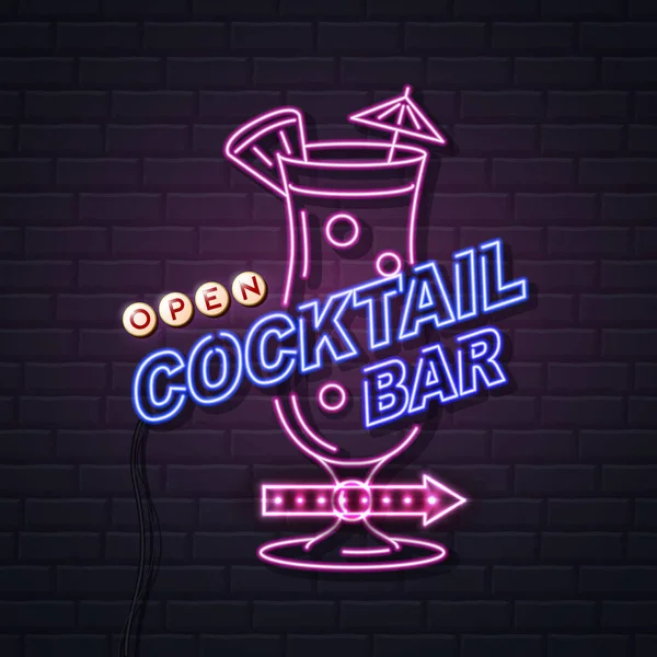 Neon sign cocktail bar on brick wall background. Vintage electric signboard. — Stock Vector