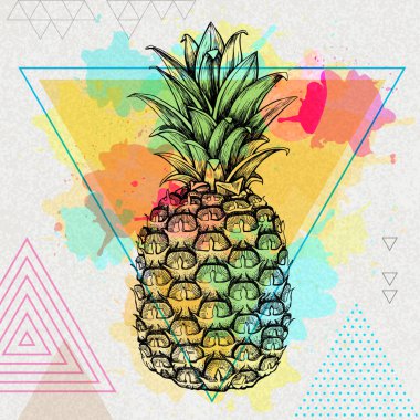 Hipster gerçekçi tropik meyve ananas sanatsal üçgen suluboya arka plan üzerinde
