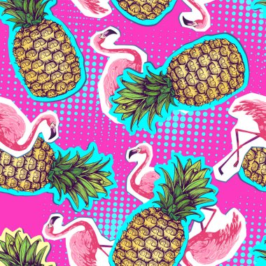 Yaz Dikişsiz parlak desen flamingo ve ananas. Zine kültür stil yaz arka plan