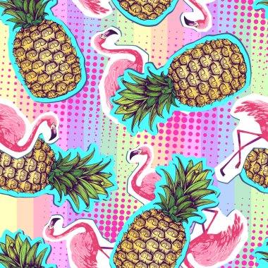 Yaz Dikişsiz parlak desen flamingo ve ananas. Zine kültür stil yaz arka plan