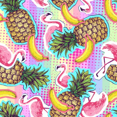 Yaz Dikişsiz parlak desen flamingo ve ananas. Zine kültür stil yaz arka plan