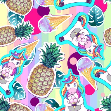 Tek boynuzlu at ve ananas ile yaz Dikişsiz desen. Arka plan kesmek Zine kültür stil yaz