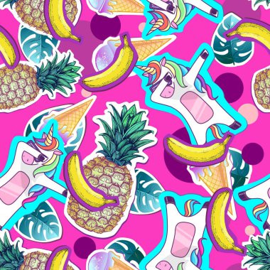 Tek boynuzlu at ve ananas ile yaz Dikişsiz desen. Arka plan kesmek Zine kültür stil yaz