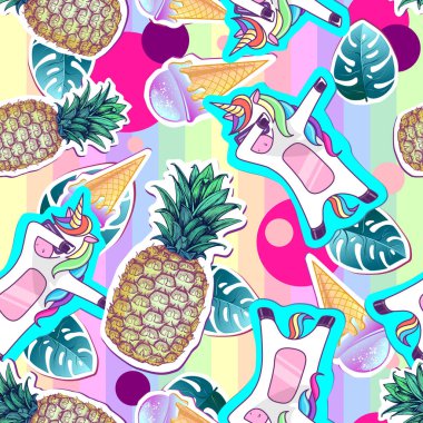 Tek boynuzlu at ve ananas ile yaz Dikişsiz desen. Arka plan kesmek Zine kültür stil yaz