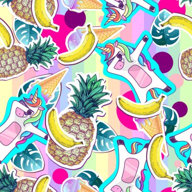 Tek boynuzlu at ve ananas ile yaz Dikişsiz desen. Arka plan kesmek Zine kültür stil yaz