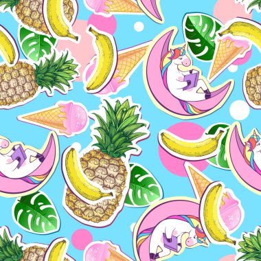 Tek boynuzlu at ve ananas ile yaz Dikişsiz desen. Arka plan kesmek Zine kültür stil yaz