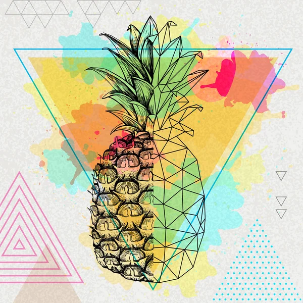 Hipster ρεαλιστική και πολυγωνικά τροπικά φρούτα ανανά σε καλλιτεχνικό τρίγωνο ακουαρέλα φόντο — Διανυσματικό Αρχείο