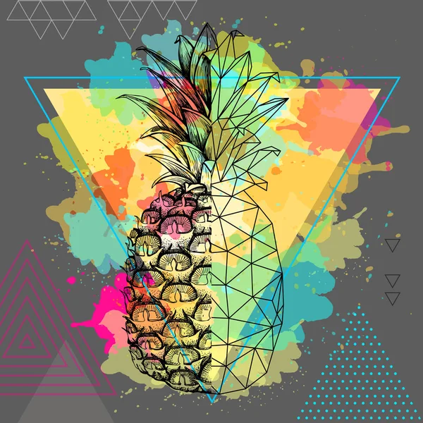 Hipster realista y poligonal fruta tropical piña sobre fondo de acuarela triángulo artístico — Vector de stock