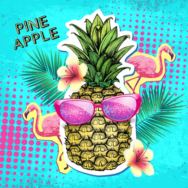 Sommaren disco party affisch design med ananas. Zine cutlure stil — Stock vektor