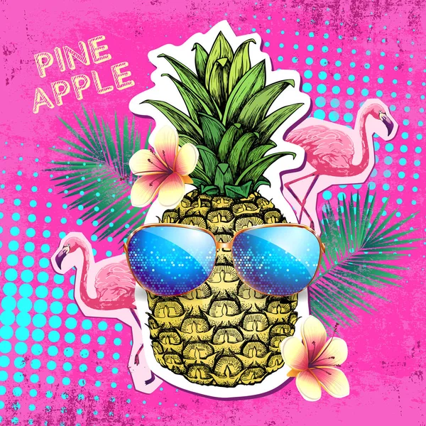 Poster design fête disco été avec ananas. Style couverts Zine — Image vectorielle