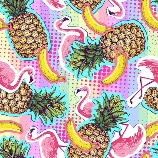 Yaz Dikişsiz parlak desen flamingo ve ananas. Zine kültür stil yaz arka plan — Stok Vektör