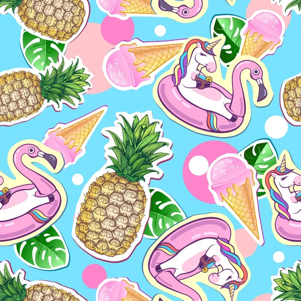 Summer seamless pattern with unicorn and pineapple. Zine Culture style summer cut out background — Stock Vector