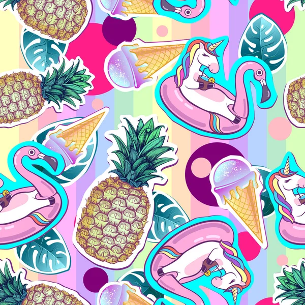 Summer seamless pattern with unicorn and pineapple. Zine Culture style summer cut out background — Stock Vector