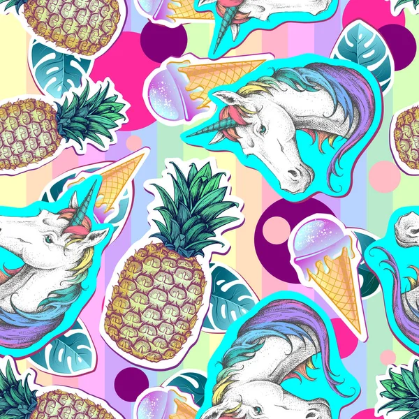 Summer seamless pattern with unicorn and pineapple. Zine Culture style summer cut out background — Stock Vector