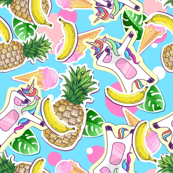 Patrón sin costuras de verano con unicornio y piña. Zine Cultura estilo verano recortar fondo — Vector de stock