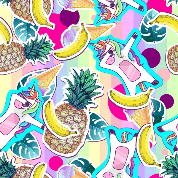Nyári varrat nélküli mintát Egyszarvú és ananász. Zine kultúra stílusú nyári kivágni a háttérben — Stock Vector