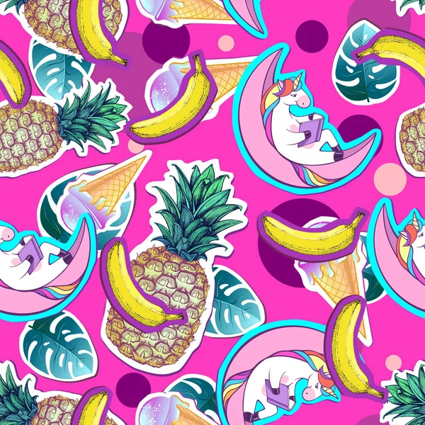 Patrón sin costuras de verano con unicornio y piña. Zine Cultura estilo verano recortar fondo — Vector de stock