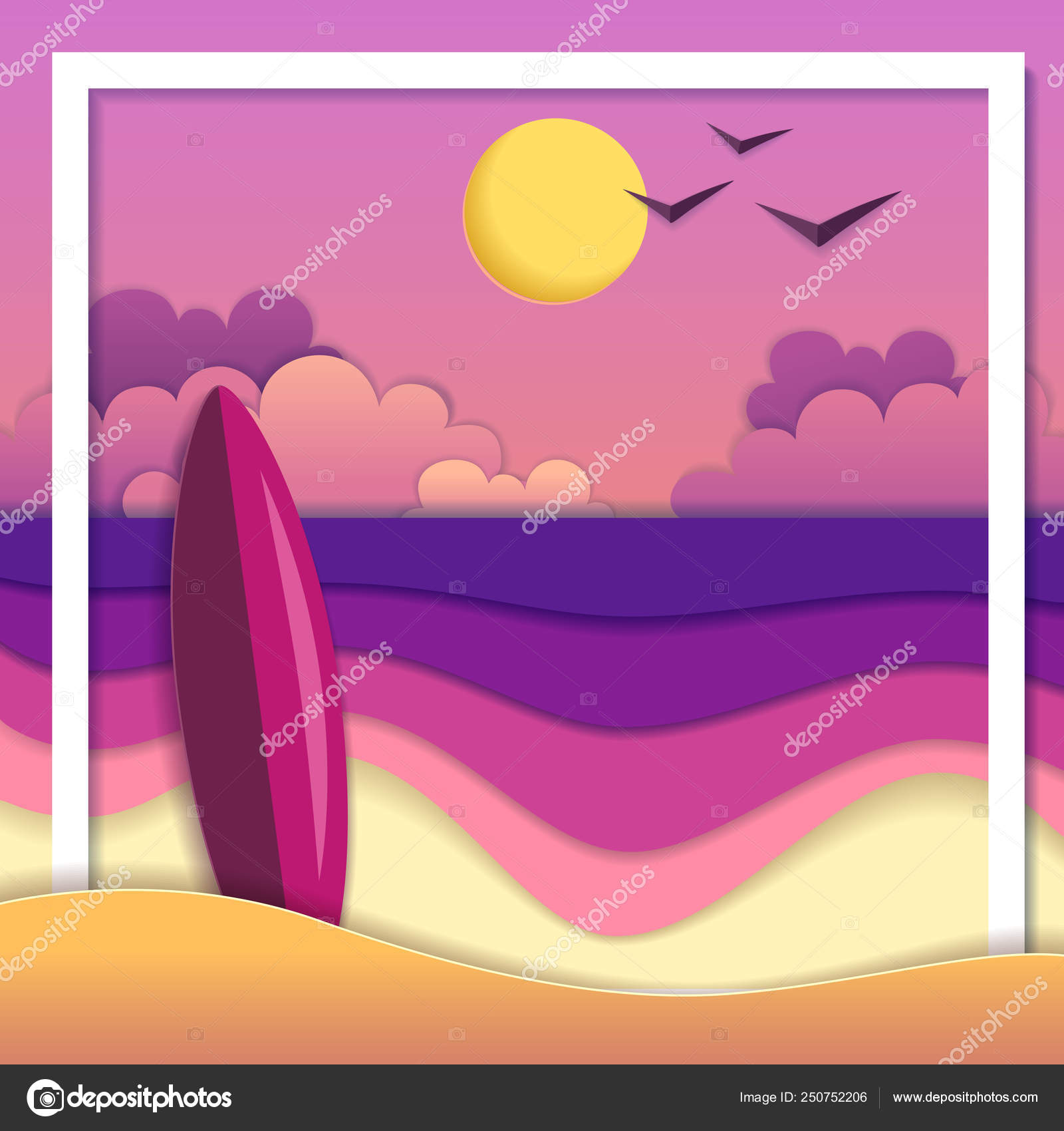 Sea or ocean landscape, sea beach cut out paper art style design Stock Vector Image by