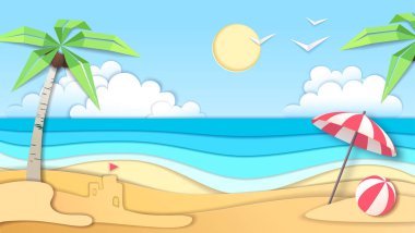 Deniz ya da okyanus manzara, kesme kağıt sanat tarzı tasarım deniz plaj