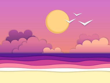 Deniz ya da okyanus manzara, kesme kağıt sanat tarzı tasarım deniz plaj