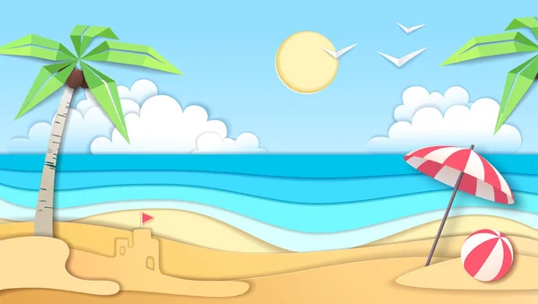 Mar o océano paisaje, mar playa recortar papel arte estilo diseño — Vector de stock