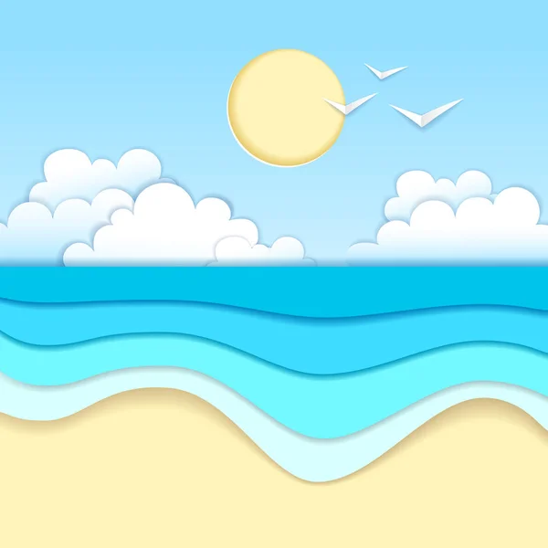 Mar o océano paisaje, mar playa recortar papel arte estilo diseño — Vector de stock