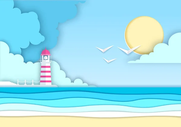 Mar o océano paisaje, playa de mar con faro recortado diseño de estilo de arte de papel — Vector de stock
