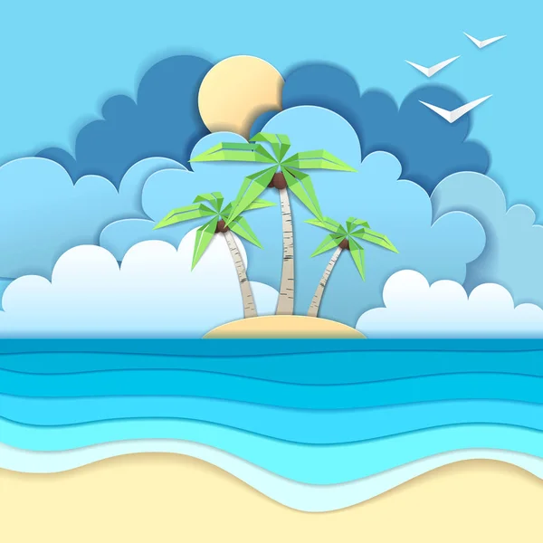 Mer ou océan paysage, mer plage découpé papier art style design — Image vectorielle