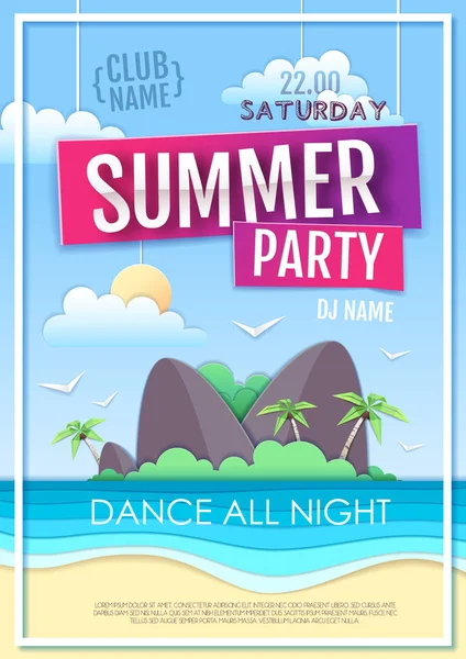 Cartel de fiesta disco de verano con playa de mar e isla. Papel recortado diseño de arte — Vector de stock