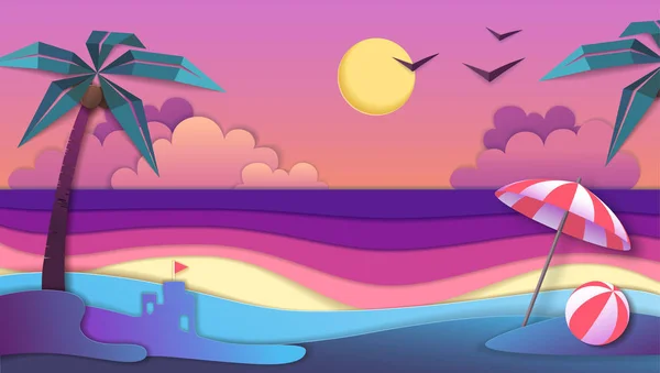 Mar o océano paisaje, mar playa recortar papel arte estilo diseño — Vector de stock