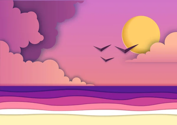 Zee of Oceaan landschap, zee strand uitgesneden papier kunst stijl design — Stockvector