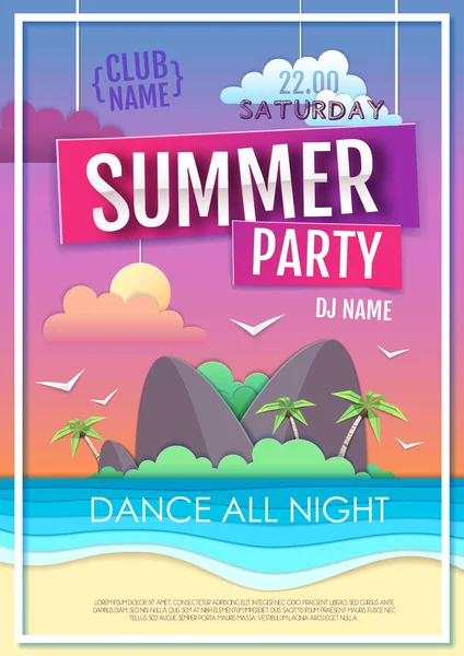 Letní diskotéku plakát s pláže moře a ostrov. Papír, vystřihnout umění design — Stockový vektor