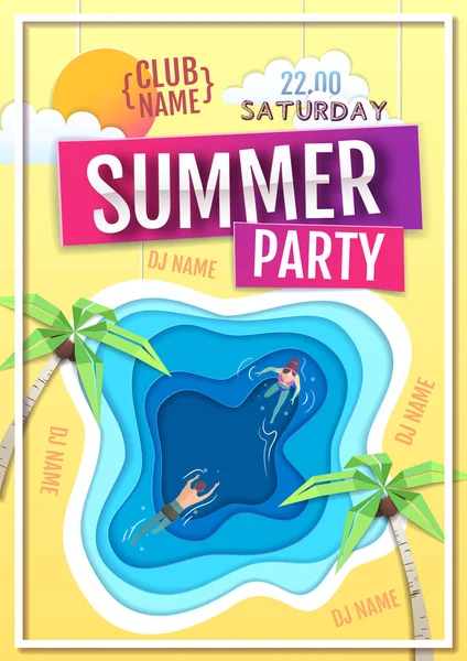Cartel de fiesta disco de verano con laguna azul. Papel recortado diseño de estilo de arte — Vector de stock