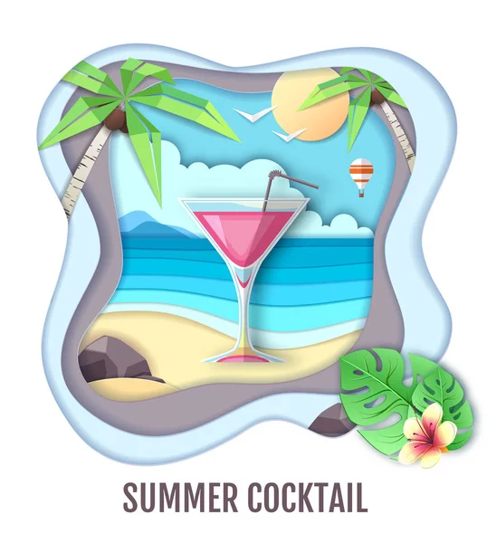 Tropic cocktail on sea beach landscape. Paper cut out art style — Stock Vector