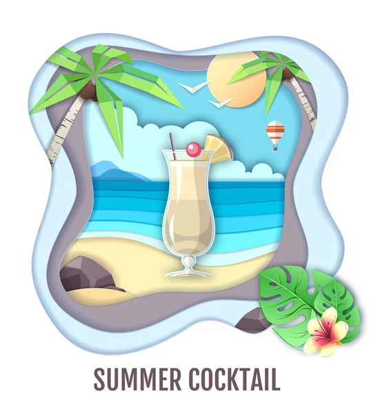 Tropic cocktail on sea beach landscape. Paper cut out art style — Stock Vector